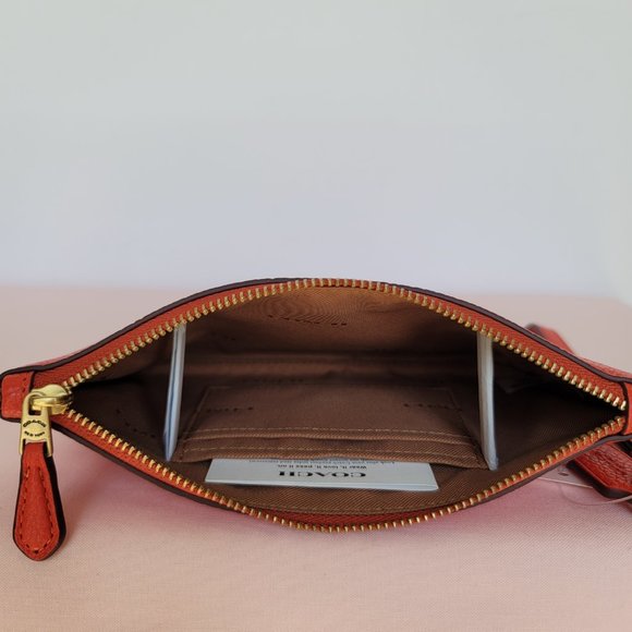 COACH Small Wristlet in Polished Pebbled Leather -Red Orange - Picture 14 of 16